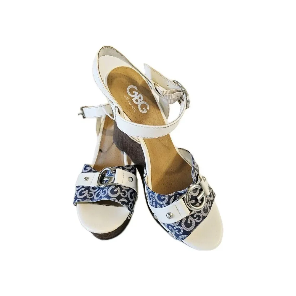GBG Los Angeles by GUESS Women's Blue Monogram Platform Wedge Sandals